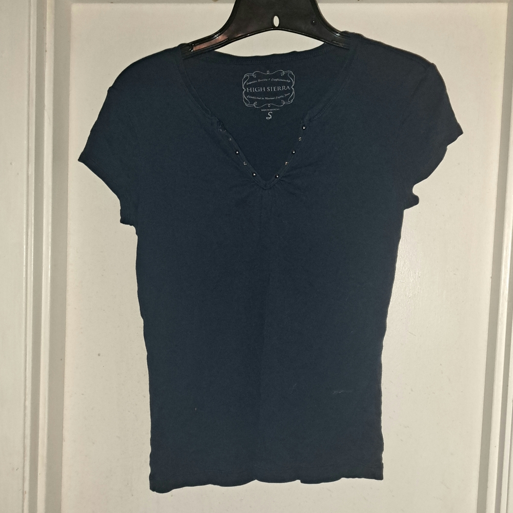 High Sierra Dark Blue Women's short Sleeve T-Shirt Embellished V Neck Size Small
